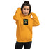 Gold unisex hoodie with front pocket and square chest graphic patch