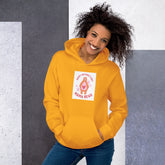 Yellow unisex hoodie with hood, front pouch pocket, and chest graphic patch.