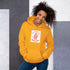 Yellow unisex hoodie with hood, front pouch pocket, and chest graphic patch.