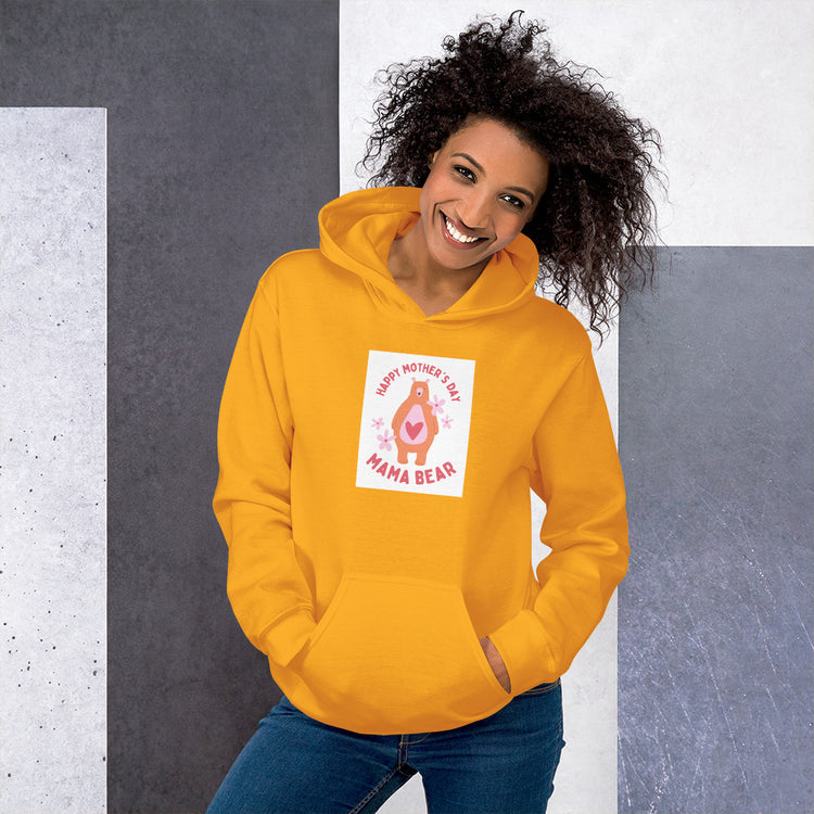 Yellow unisex hoodie with hood, front pouch pocket, and chest graphic patch.
