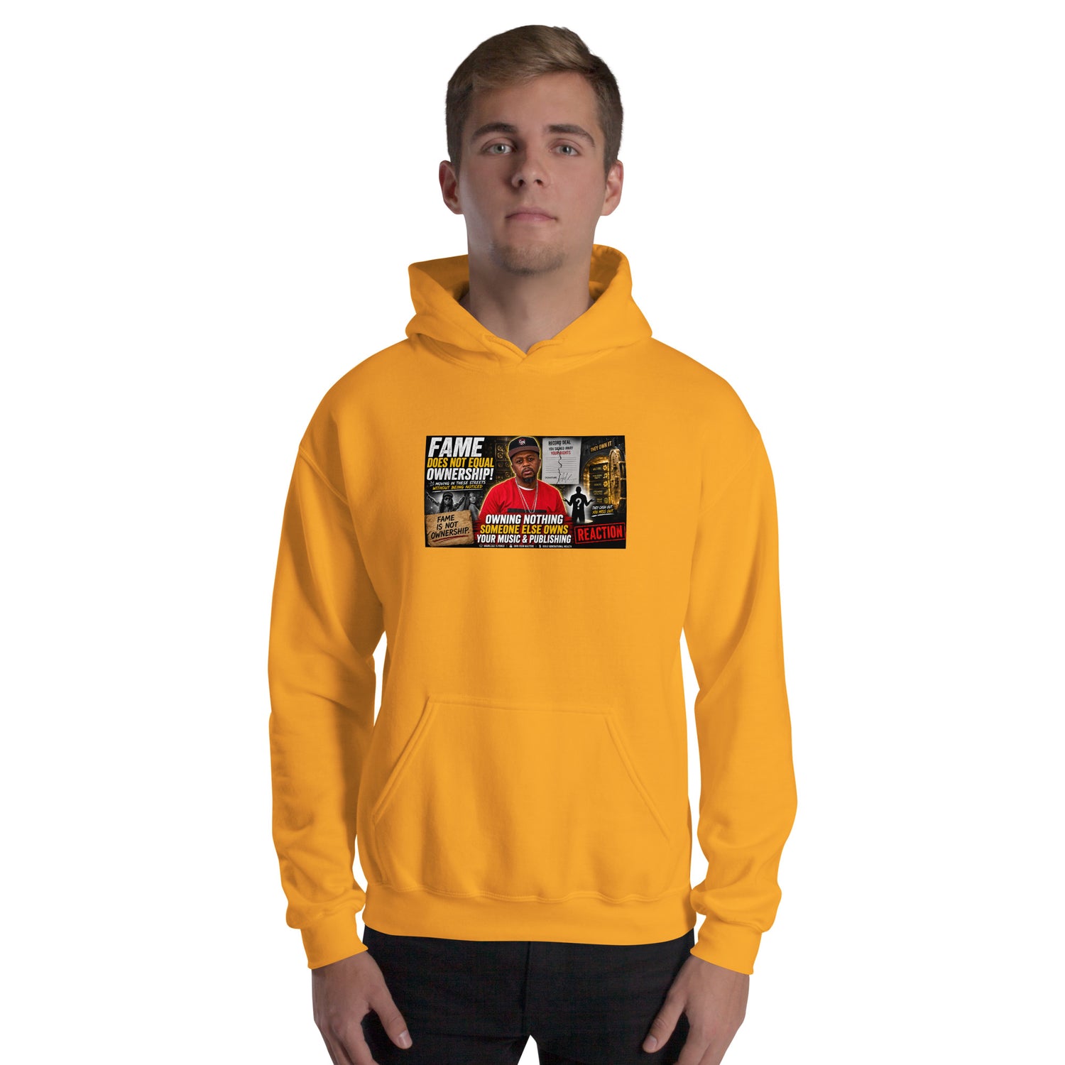 Gold unisex pullover hoodie, front view with hood and chest graphic print