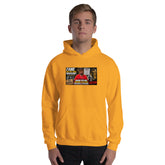 Gold unisex pullover hoodie, front view with hood and chest graphic print
