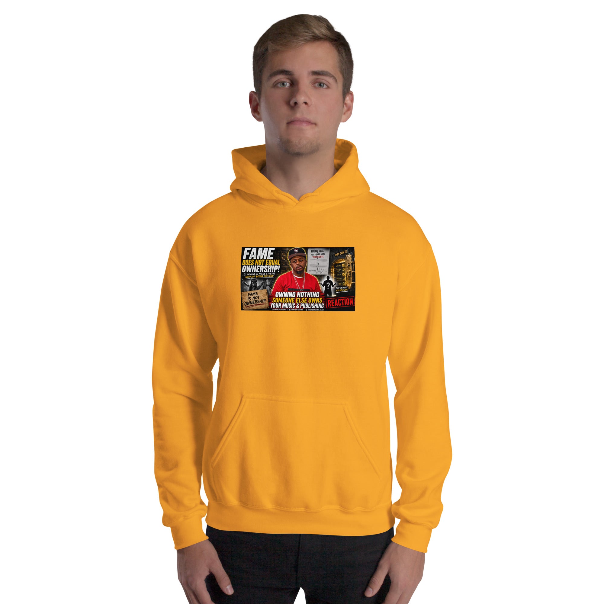 Gold unisex pullover hoodie, front view with hood and chest graphic print