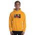 Gold unisex pullover hoodie, front view with hood and chest graphic print
