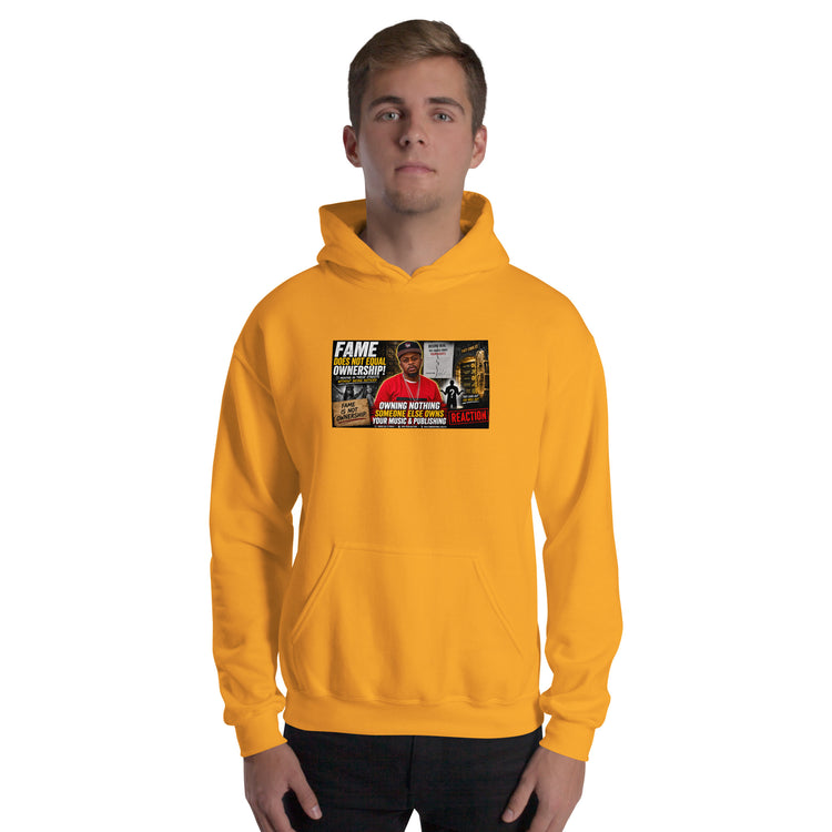 Gold unisex pullover hoodie, front view with hood and chest graphic print