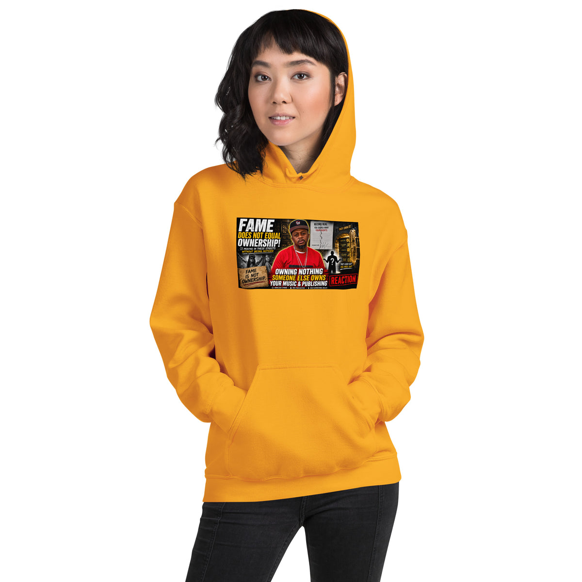 Gold orange unisex streetwear hoodie with front printed graphic and kangaroo pocket