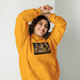 Mustard/orange streetwear hoodie with hood, front pocket, and chest graphic print