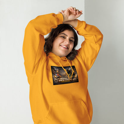 Mustard/orange streetwear hoodie with hood, front pocket, and chest graphic print