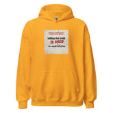 Orange unisex pullover hoodie with front graphic, kangaroo pocket, and drawstring hood.