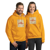 Unisex pullover hoodie in mustard yellow with front graphic print and kangaroo pocket