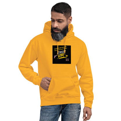 Mustard pullover hoodie with front graphic patch, kangaroo pocket, and hood drawstrings