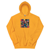 Orange pullover hoodie with colorful square chest graphic and kangaroo pocket