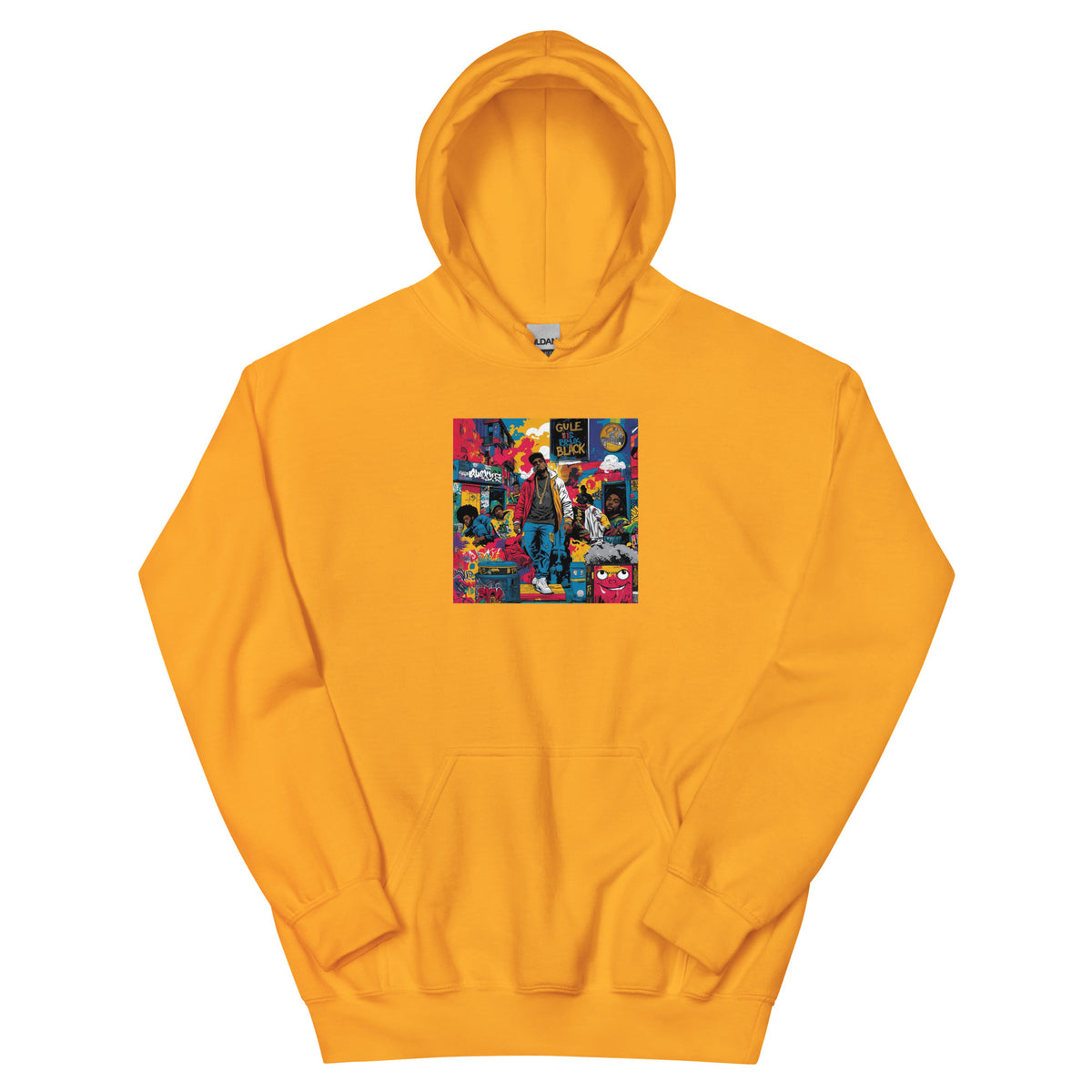 Orange pullover hoodie with colorful square chest graphic and kangaroo pocket