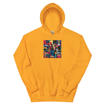 Orange pullover hoodie with colorful square chest graphic and kangaroo pocket