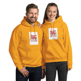 Mustard gold pullover hoodie with front graphic print, kangaroo pocket, and hood