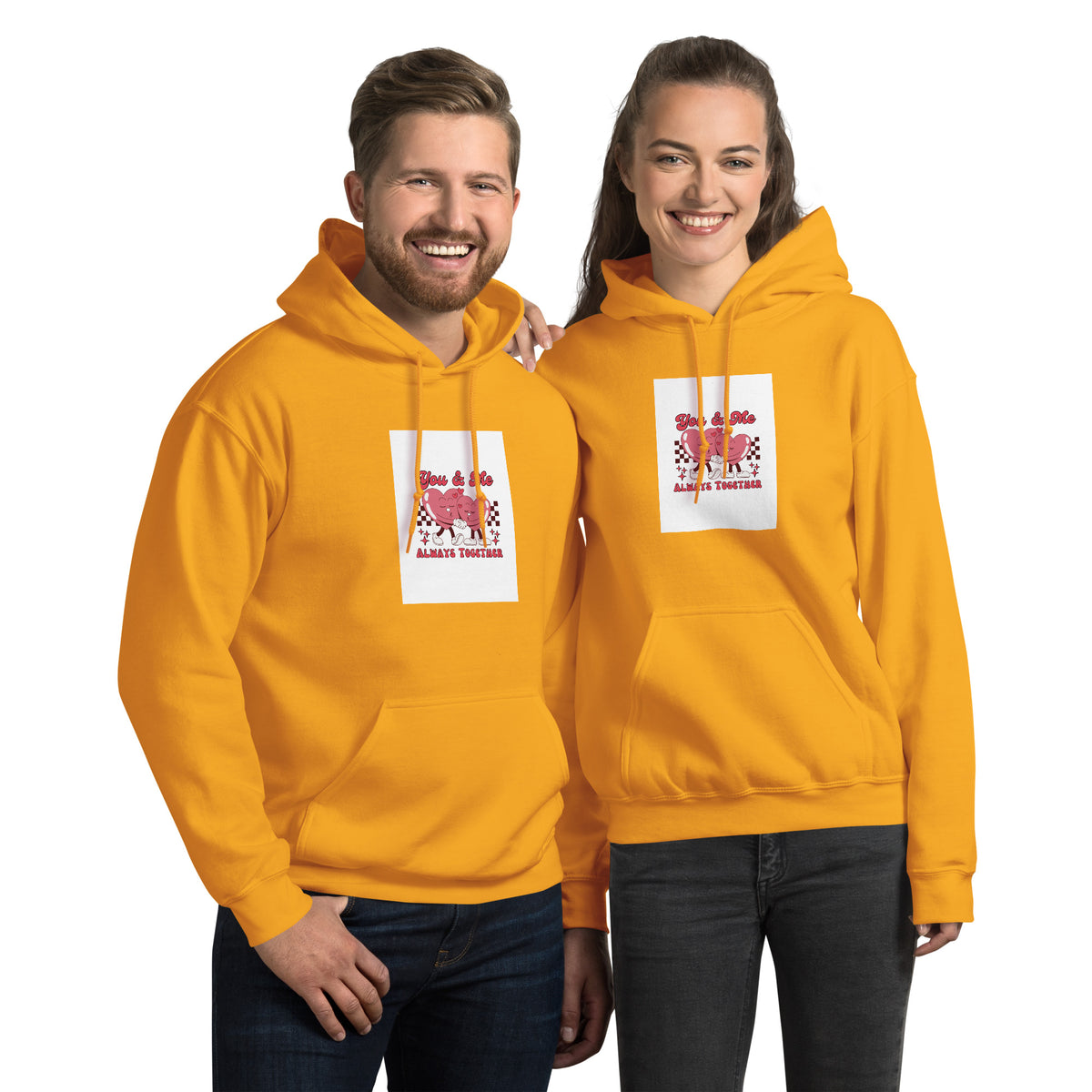 Mustard gold pullover hoodie with front graphic print, kangaroo pocket, and hood