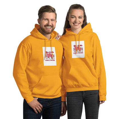 Mustard gold pullover hoodie with front graphic print, kangaroo pocket, and hood