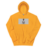 Orange pullover hoodie with front chest graphic and kangaroo pocket