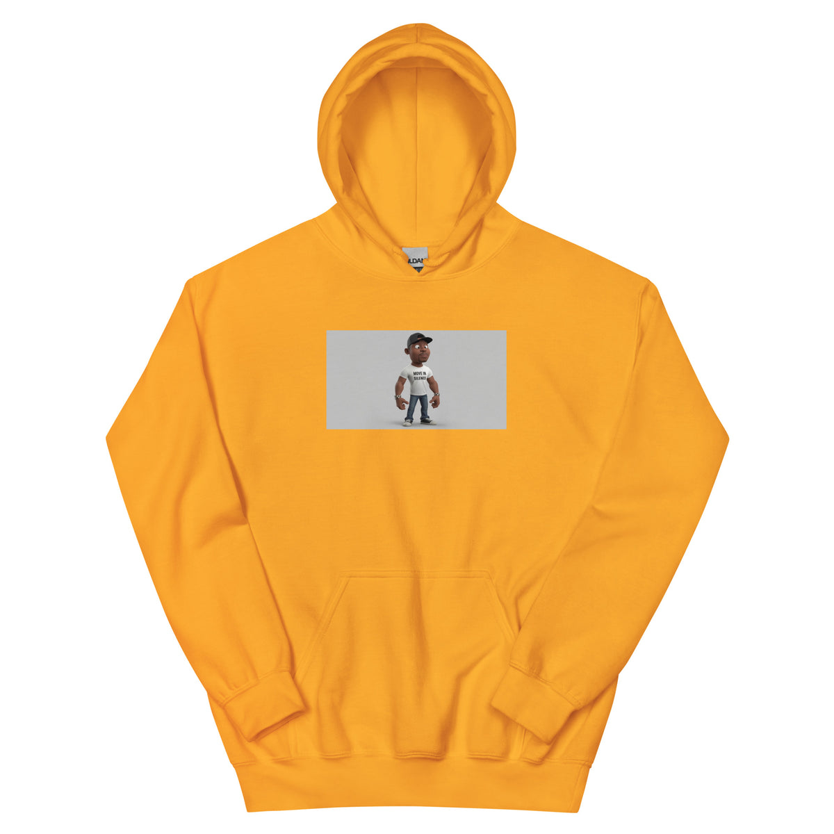 Orange pullover hoodie with front chest graphic and kangaroo pocket