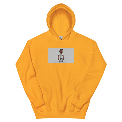 Orange pullover hoodie with front chest graphic and kangaroo pocket