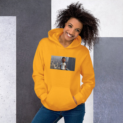 Mustard yellow pullover hoodie with hood and front photo graphic, kangaroo pocket