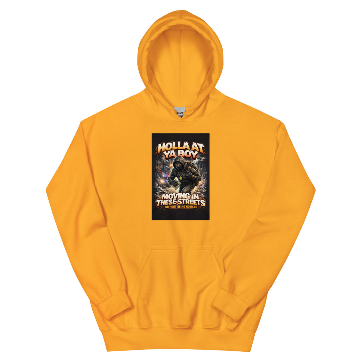 Gold pullover hoodie with center front graphic print