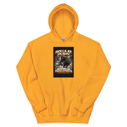 Gold pullover hoodie with center front graphic print