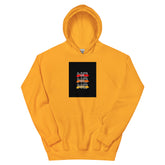 Orange pullover hoodie with front square logo graphic and drawstring hood