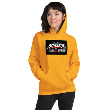Mustard/orange unisex hoodie with hood and front pocket, chest graphic print centered.