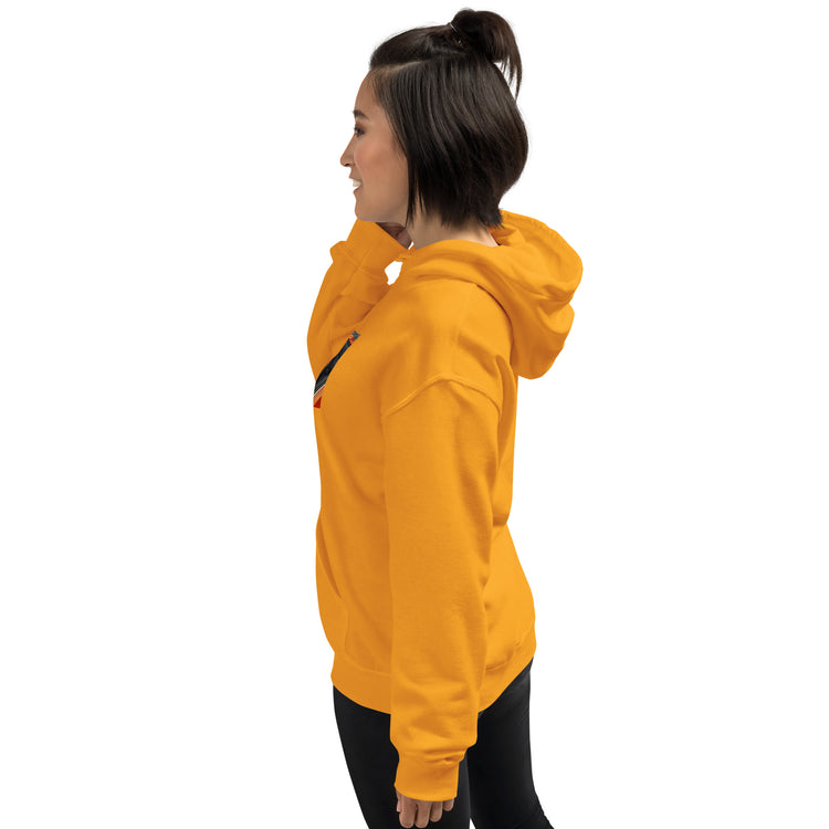 Gold unisex pullover hoodie with hood, front pocket, and small chest graphic.
