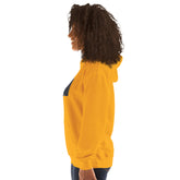 Yellow unisex hoodie with front pocket and hood, graphic chest print.