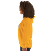 Unisex pullover hoodie in mustard yellow, side view with hood and ribbed cuffs