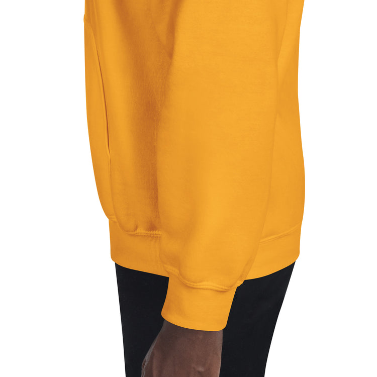 Gold unisex hoodie, front hem and sleeve cuffs close-up
