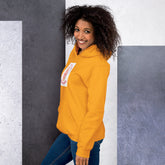 Yellow unisex hoodie with hood, front pouch pocket, and chest graphic patch.