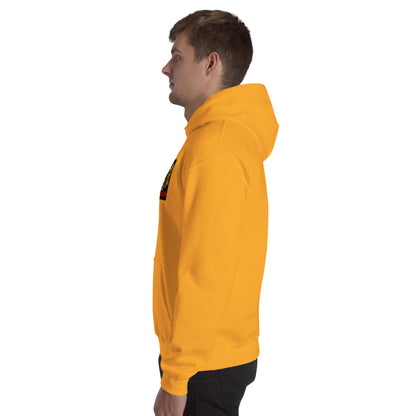 Mustard yellow unisex hoodie with front graphic, kangaroo pocket, and hood drawstrings