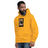 Mustard/orange hoodie with chest graphic print, pullover hood and pouch pocket.