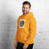 Unisex orange hoodie with chest logo graphic, hood and kangaroo pocket