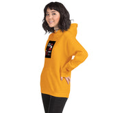 Unisex gold hoodie with hood and front chest graphic, kangaroo pocket