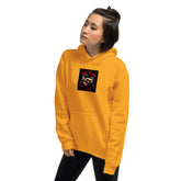 Unisex hoodie in orange with front hood, pocket, and small chest graphic patch