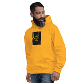 Unisex hoodie in gold/yellow with hood and front pocket, front view with black graphic
