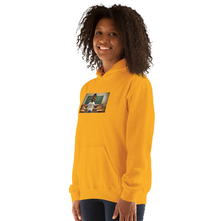 Gold unisex hoodie with hood, front pouch, and chest graphic print