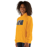 Yellow unisex hoodie with graphic chest photo print and front pocket.