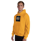 Unisex yellow-orange hoodie with front graphic label, hood and kangaroo pocket