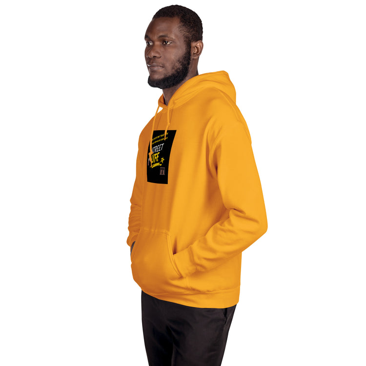Mustard orange unisex hoodie with hood and chest graphic patch, side profile