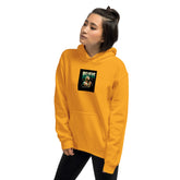 Yellow unisex hoodie front view with hood, drawstrings, and chest graphic