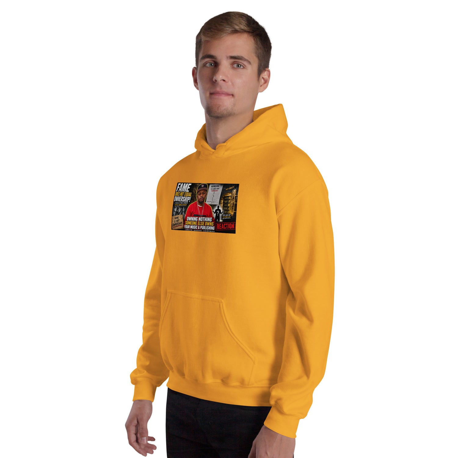 Mustard yellow unisex hoodie with chest graphic print and kangaroo pocket