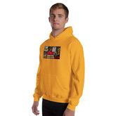 Mustard yellow unisex hoodie with chest graphic print and kangaroo pocket