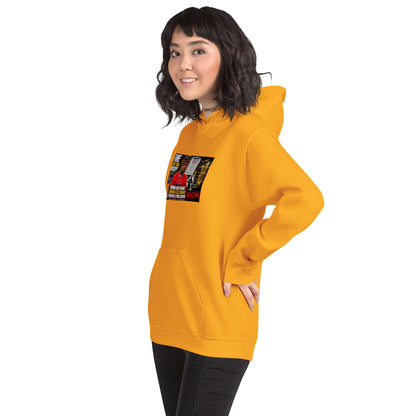 Mustard yellow unisex hoodie with front graphic and pullover hood, pouch pocket