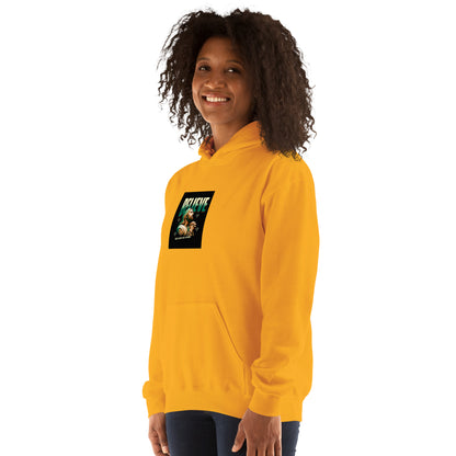 Mustard yellow pullover hoodie with hood and chest graphic print.