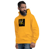 Gold unisex streetwear hoodie with front square graphic and kangaroo pocket